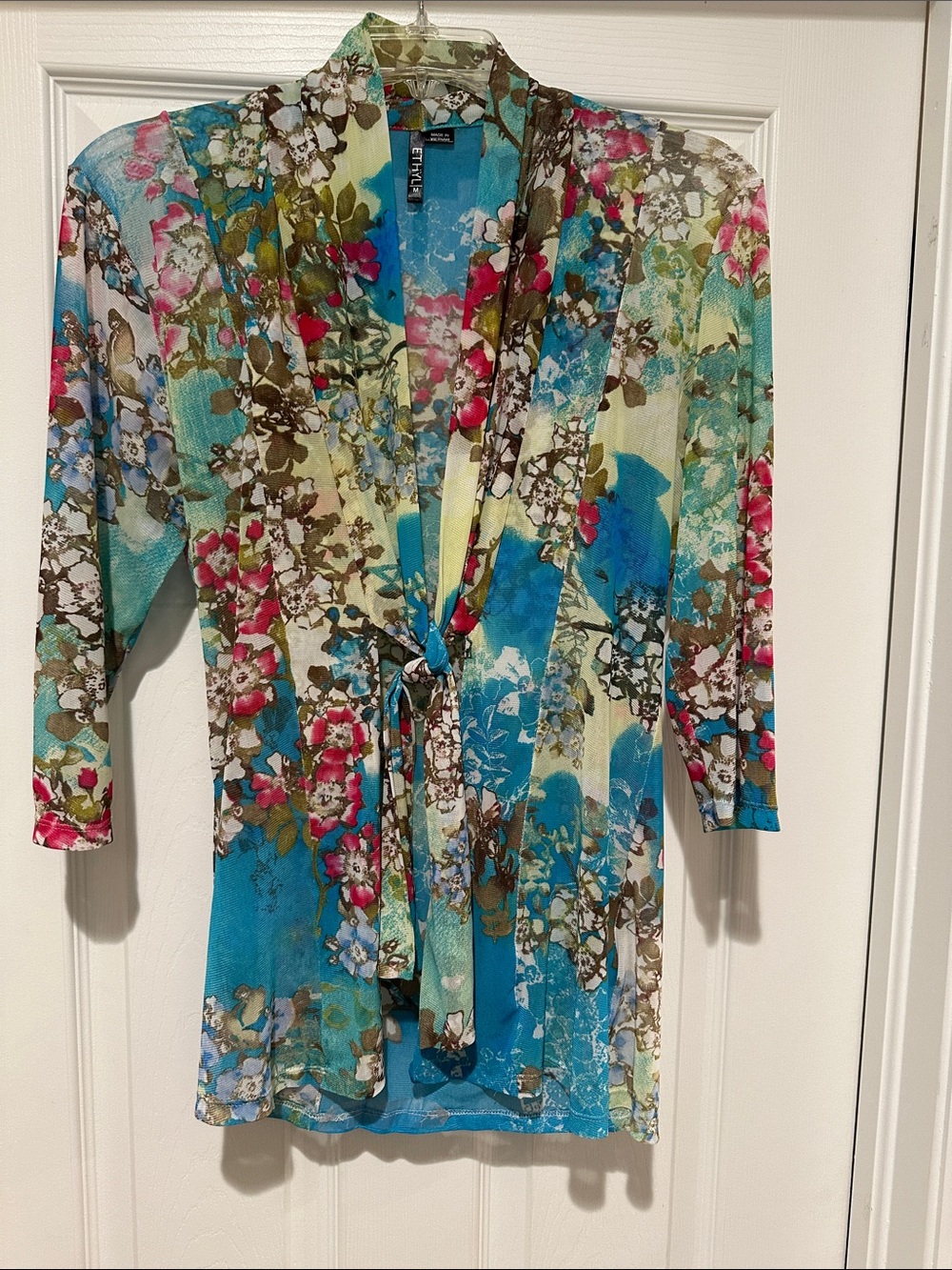 Sheer Floral Tie-Front Tunic in Blue & Pink